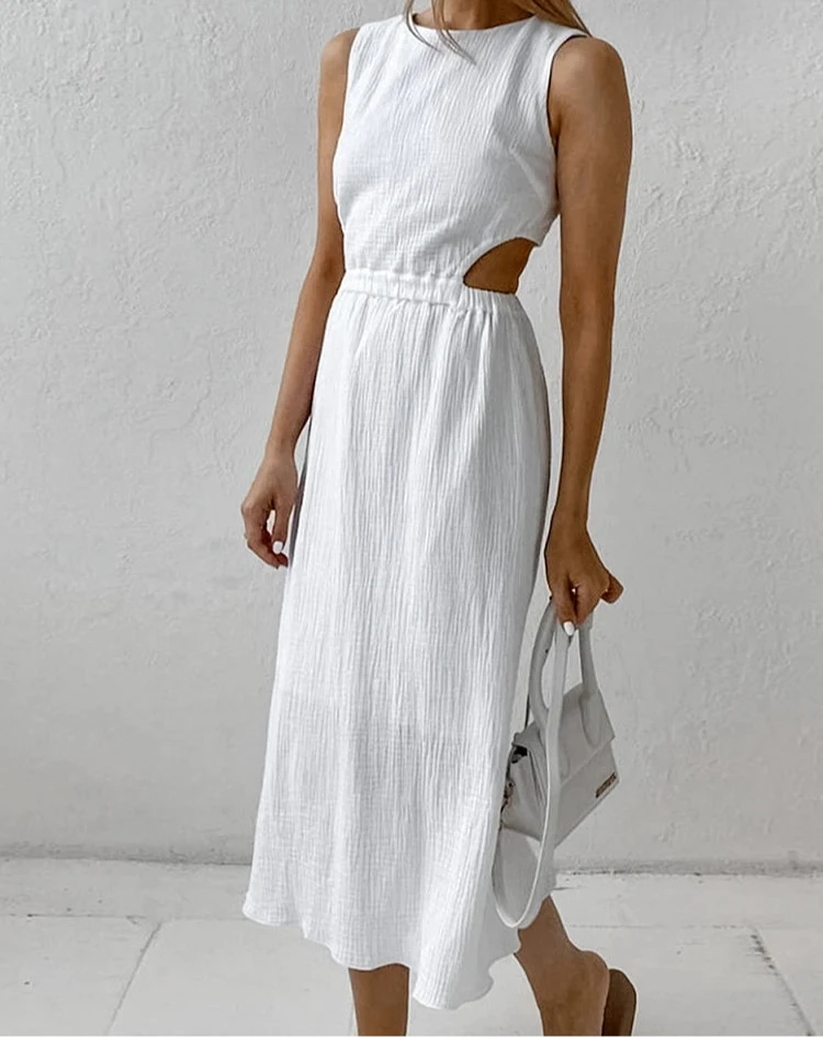 Elegant Dresses Women Sleeveless O Neck Hollow Out White Long Dress