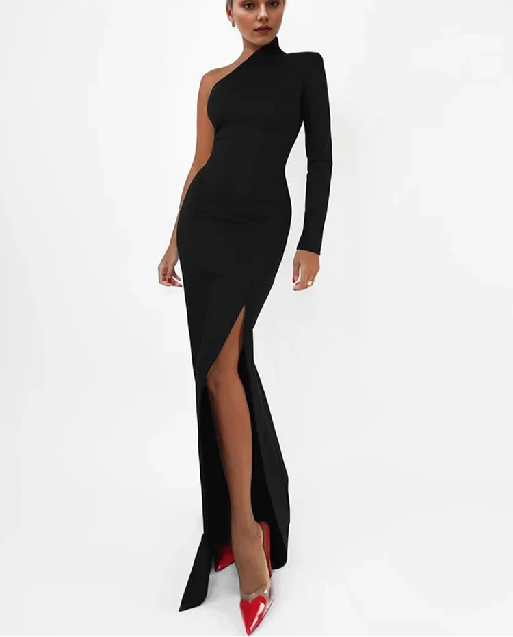 Sexy One Shoulder Split Dress Spring Knitted Sheath Party Dresses