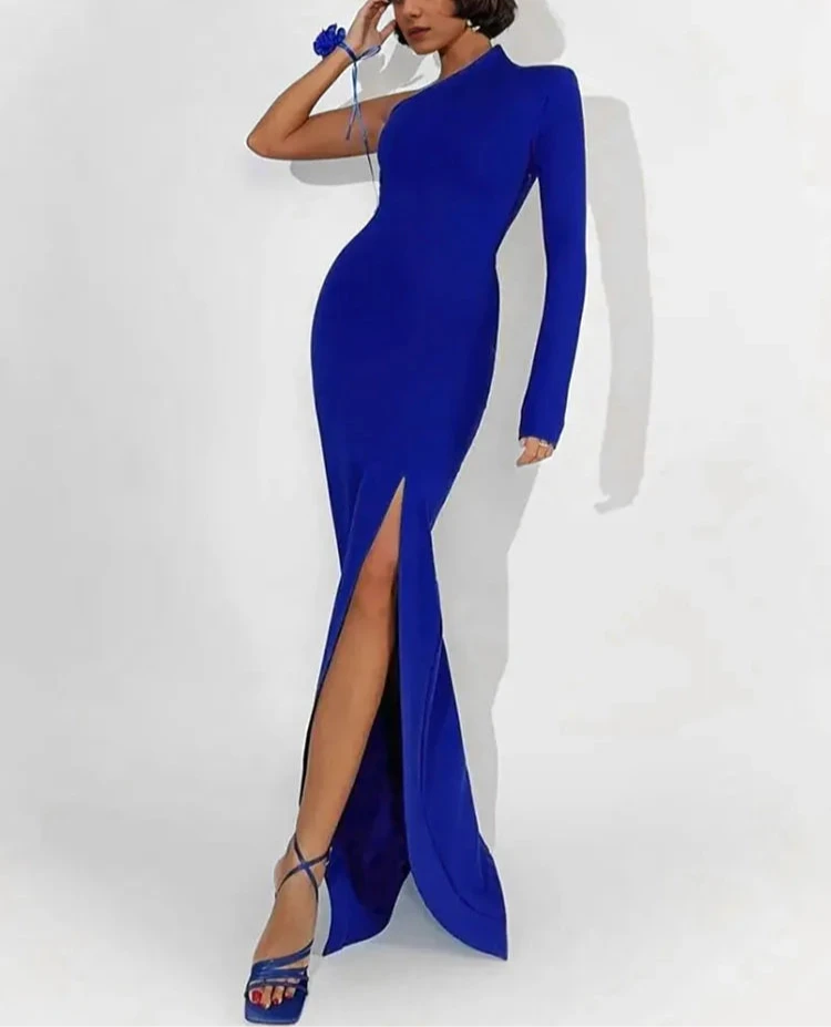 Sexy One Shoulder Split Dress Spring Knitted Sheath Party Dresses