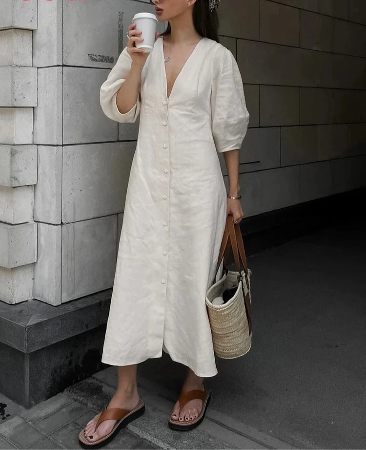 Sexy V Neck Backless Long Dresses Summer Beige Puff Three Quarter Sleeve Dress Cotton Linen Casual Dress