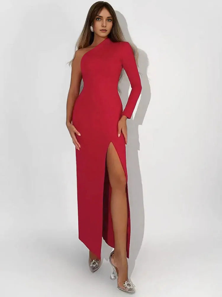 Sexy One Shoulder Split Dress Spring Knitted Sheath Party Dresses