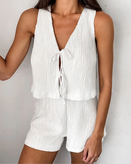 Lace Up Outfits Women Casual V Neck Sleeveless Tops  White Shorts