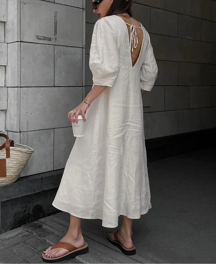 Sexy V Neck Backless Long Dresses Summer Beige Puff Three Quarter Sleeve Dress Cotton Linen Casual Dress