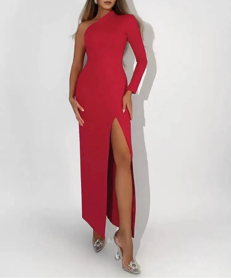 Sexy One Shoulder Split Dress Spring Knitted Sheath Party Dresses