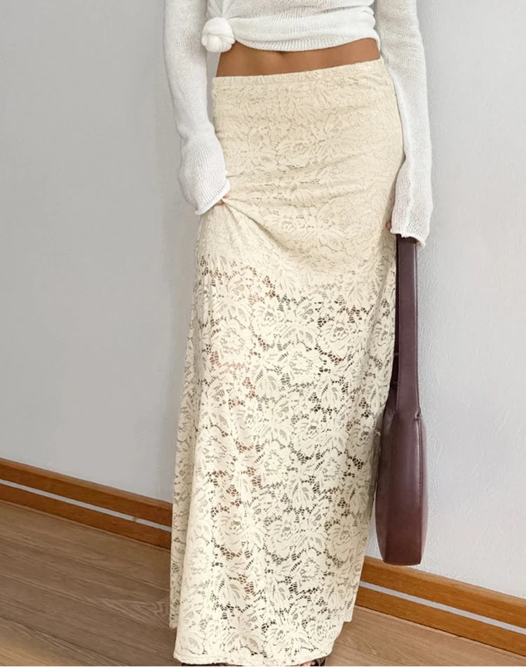 Lace Skirts Elegant Apricot High Waist Long Skirt